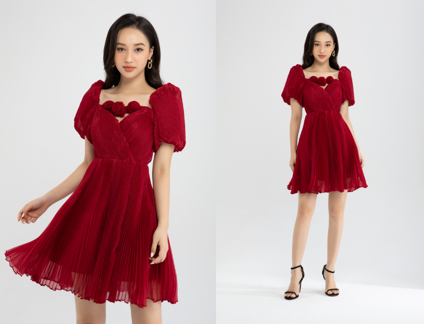Váy đầm nữ công sở thiết kế dáng dài, mẫu váy đầm xòe nhẹ chữ A cổ nơ mới  lạ, ngắn tay, 2 màu đỏ đen - L047 giá rẻ nhất tháng 10/2023