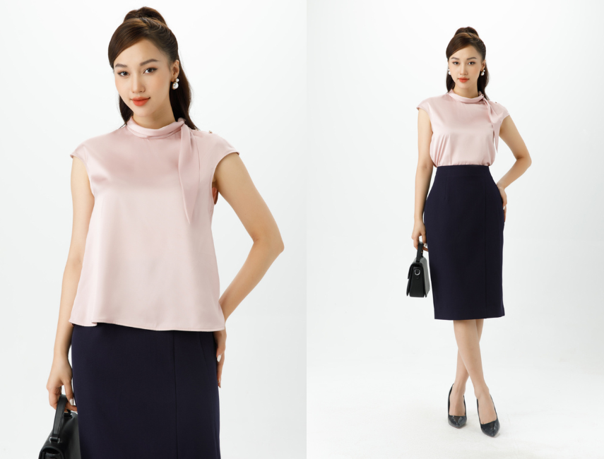 Black Rouge A21 nổi bật cùng áo lụa cổ cách điệu phối nơ lệch cực xinh và cuốn hút