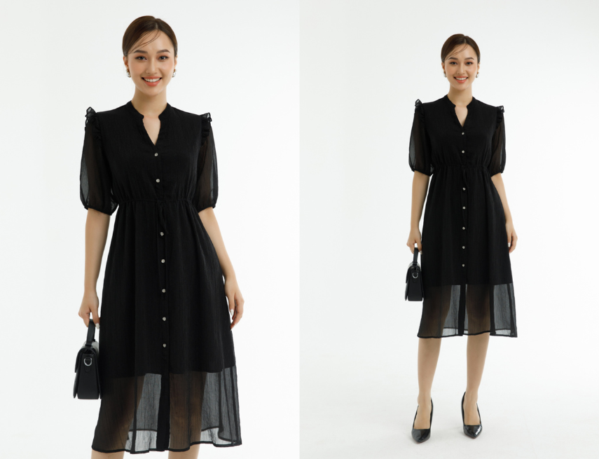 Đầm lụa phối bèo màu đen thiết kế cơ bản sang trọng và quý phái dành cho các quý cô
