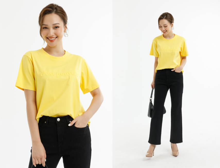 Áo thun màu vàng kết hợp cùng quần jeans slimfit nhẹ nhàng mà vô cùng nâng tông da