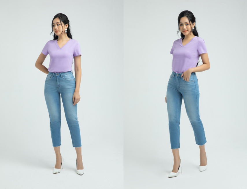 Áo cổ chữ V màu tím mix cùng quần jeans xanh năng động cho cô nàng công sở