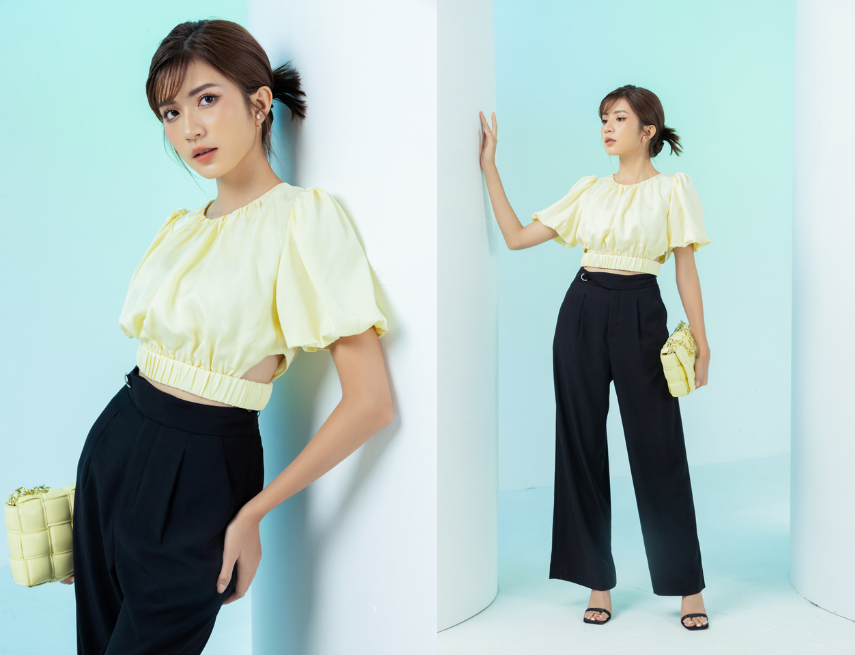Áo croptop nhún phồng phối kết hợp nằm trong son Bbia 36 cao cấp và rất đẹp lôi cuốn