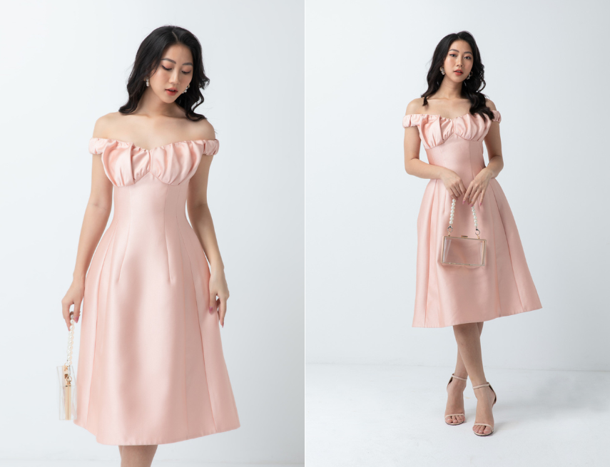 Đầm dạ hội màu sắc hồng xếp ngực phối kết hợp nằm trong Nar hồng thấp mang tới vẻ đẹp nhất phái nữ tính chung nường lôi cuốn từng ánh nhìn