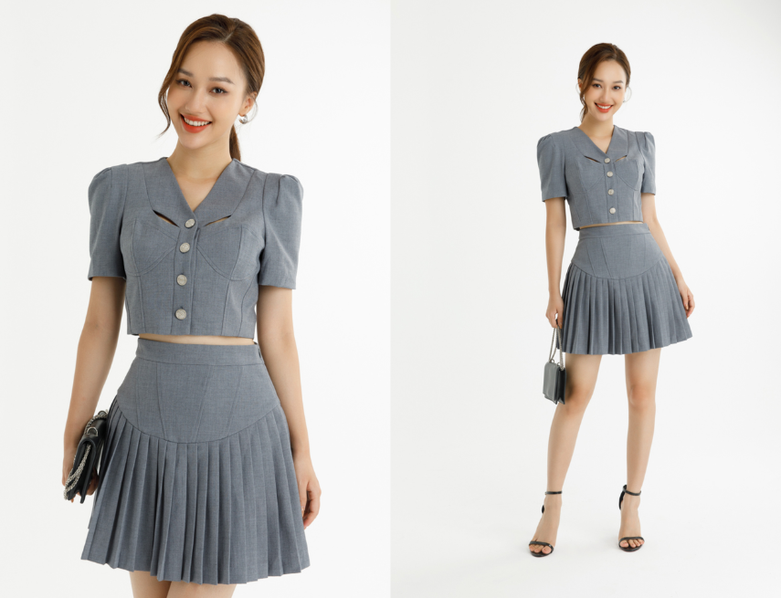 Nước hoa Marc Jacobs kết hợp cùng áo sơ mi croptop và chân váy cực xinh cho cô nàng công sở