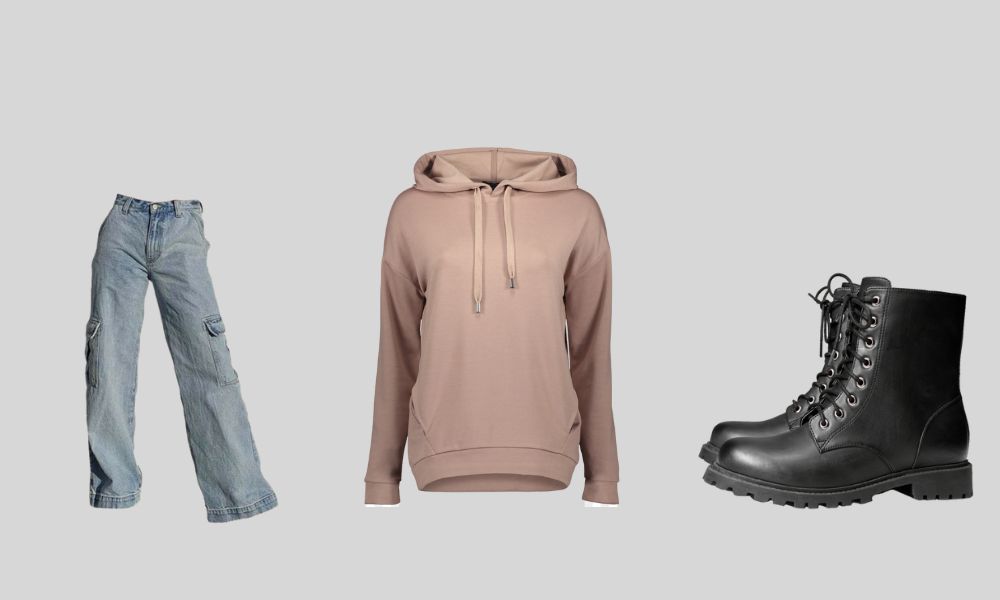 Phối áo hoodie, quần baggy và giày boot vào ngày lạnh