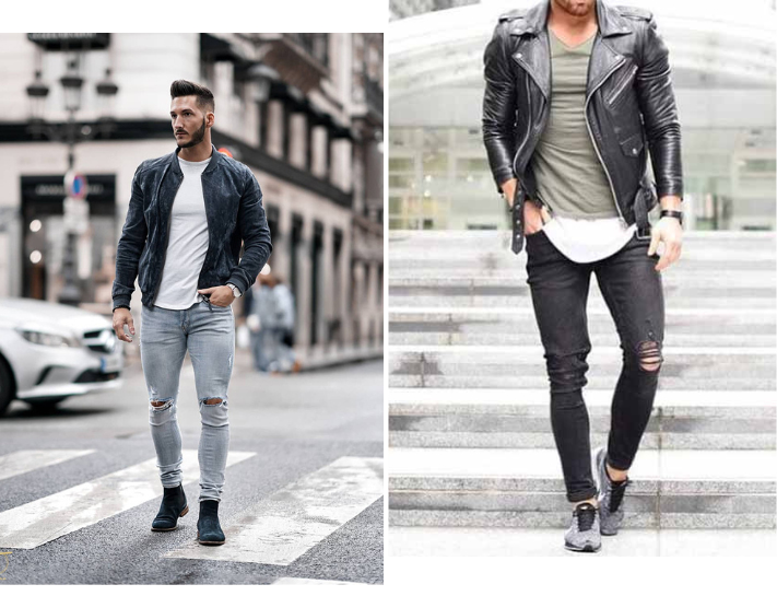 Áo khoác da kết hợp chung cùng quần jeans rách