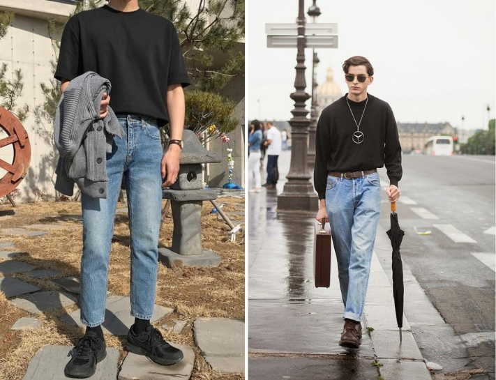 Mix quần jeans xanh với các item áo đen