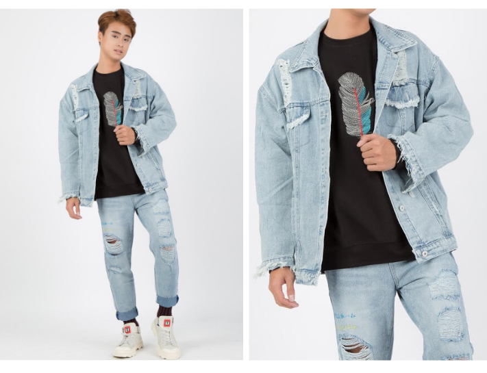 Áo khoác denim và quần jeans rách nam