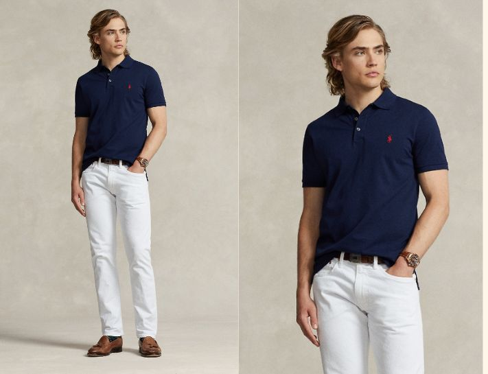 Áo polo phối quần jeans trắng theo phong cách smart casual