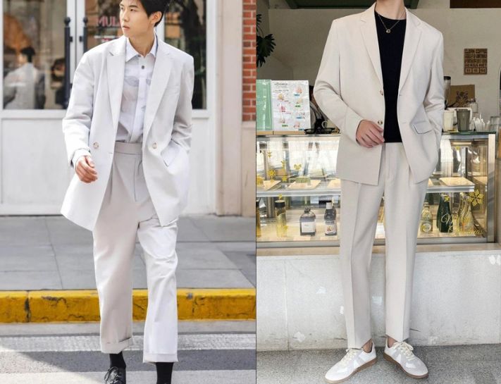 Phối quần âu trắng nam và áo khoác blazer