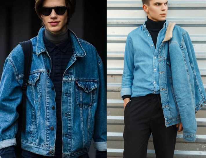 Mẫu áo cổ lọ phối denim jacket vào mùa đông