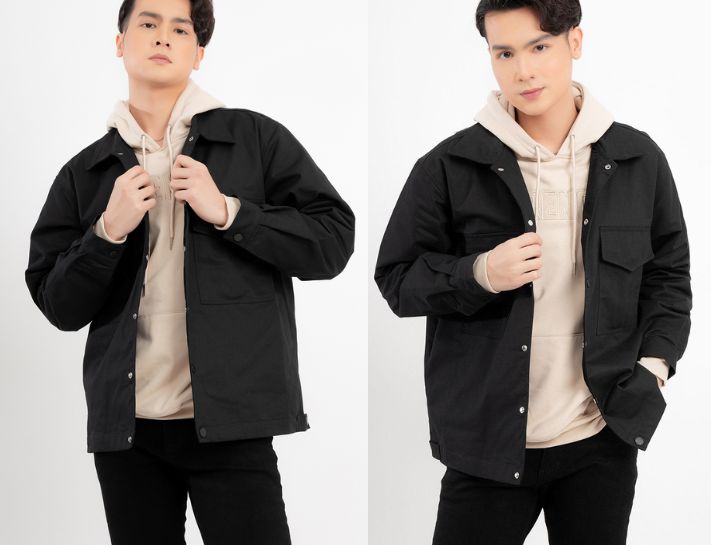 Mix áo hoodie với áo khoác và quần ống rộng