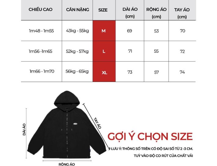 Bảng size áo hoodie nam của Việt Nam