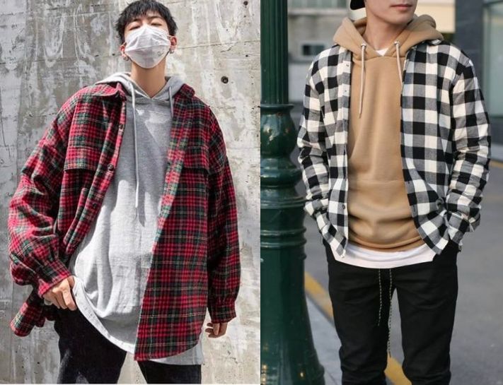 Phối áo hoodie với quần baggy và áo sơ mi