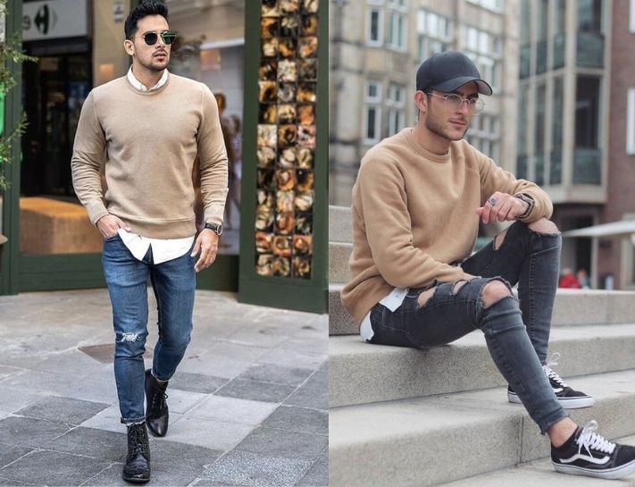 Phối áo sweatshirt chung với quần jeans rách