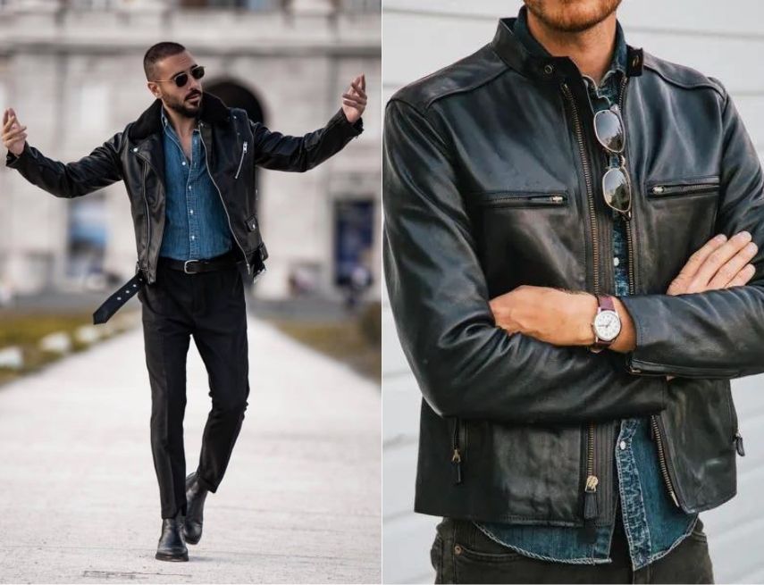Kết hợp sơ mi denim với áo khoác da thời thượng