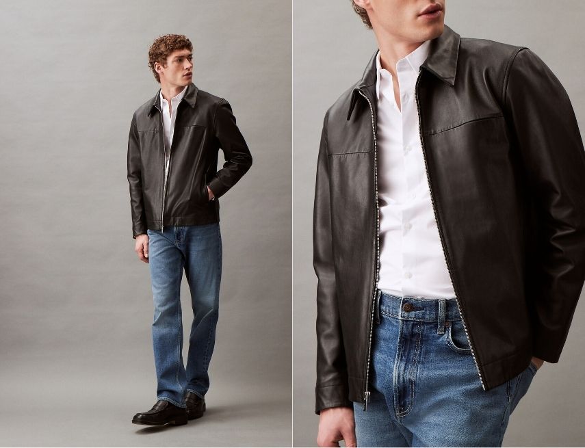 Áo khoác da Biker phối chung với áo sơ  mi và quần jeans lịch lãm
