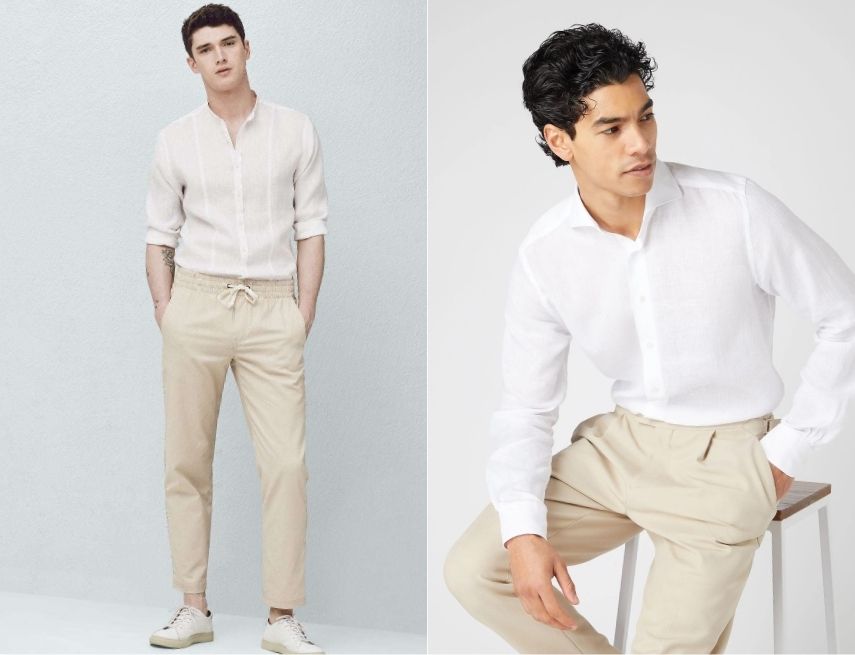 Quần chinos mix cùng áo sơ  mi nam chất liệu linen