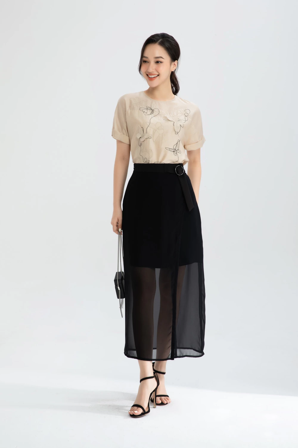 Chân váy midi chiffon đai liền