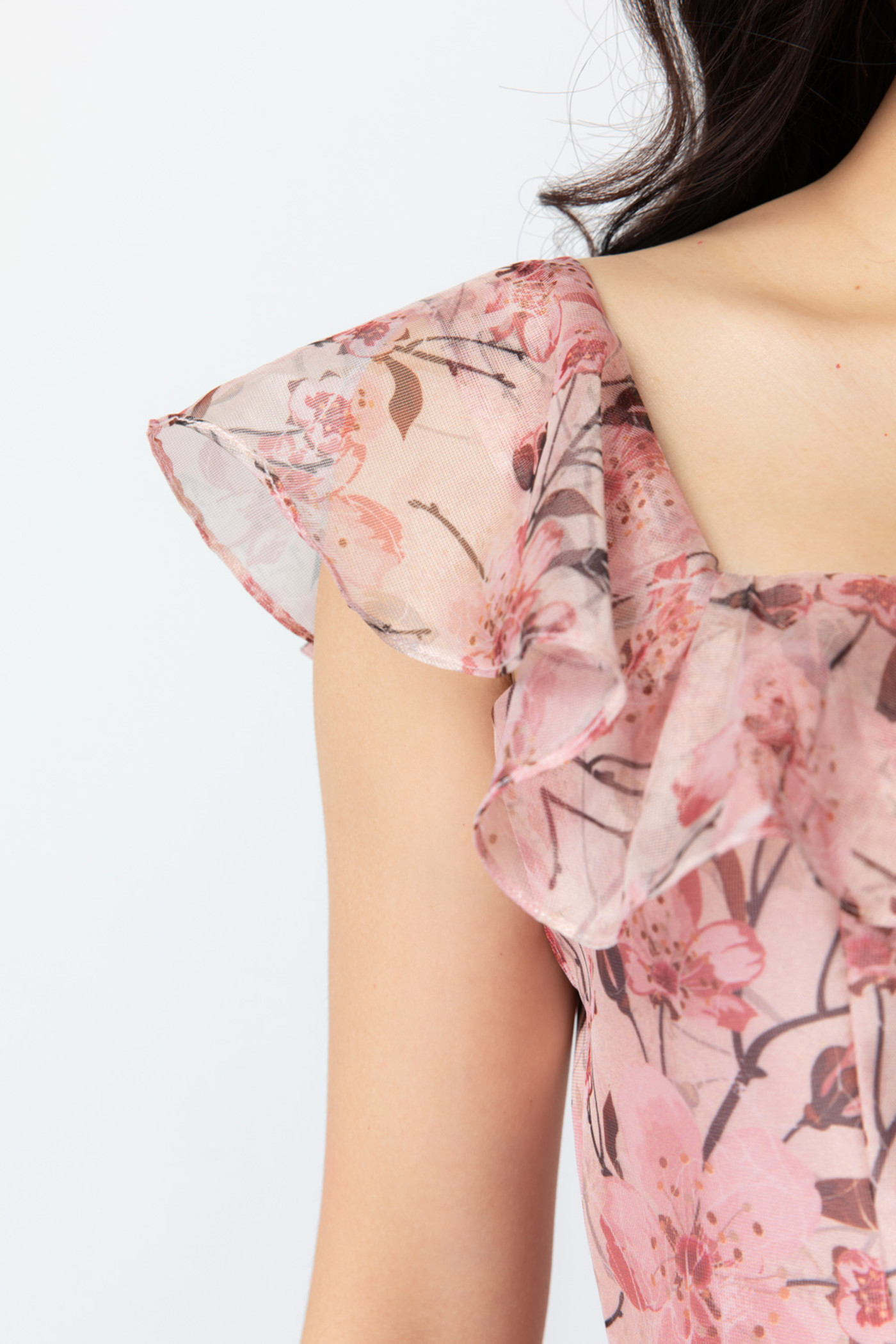 Đầm hoa taffeta phối lưới 