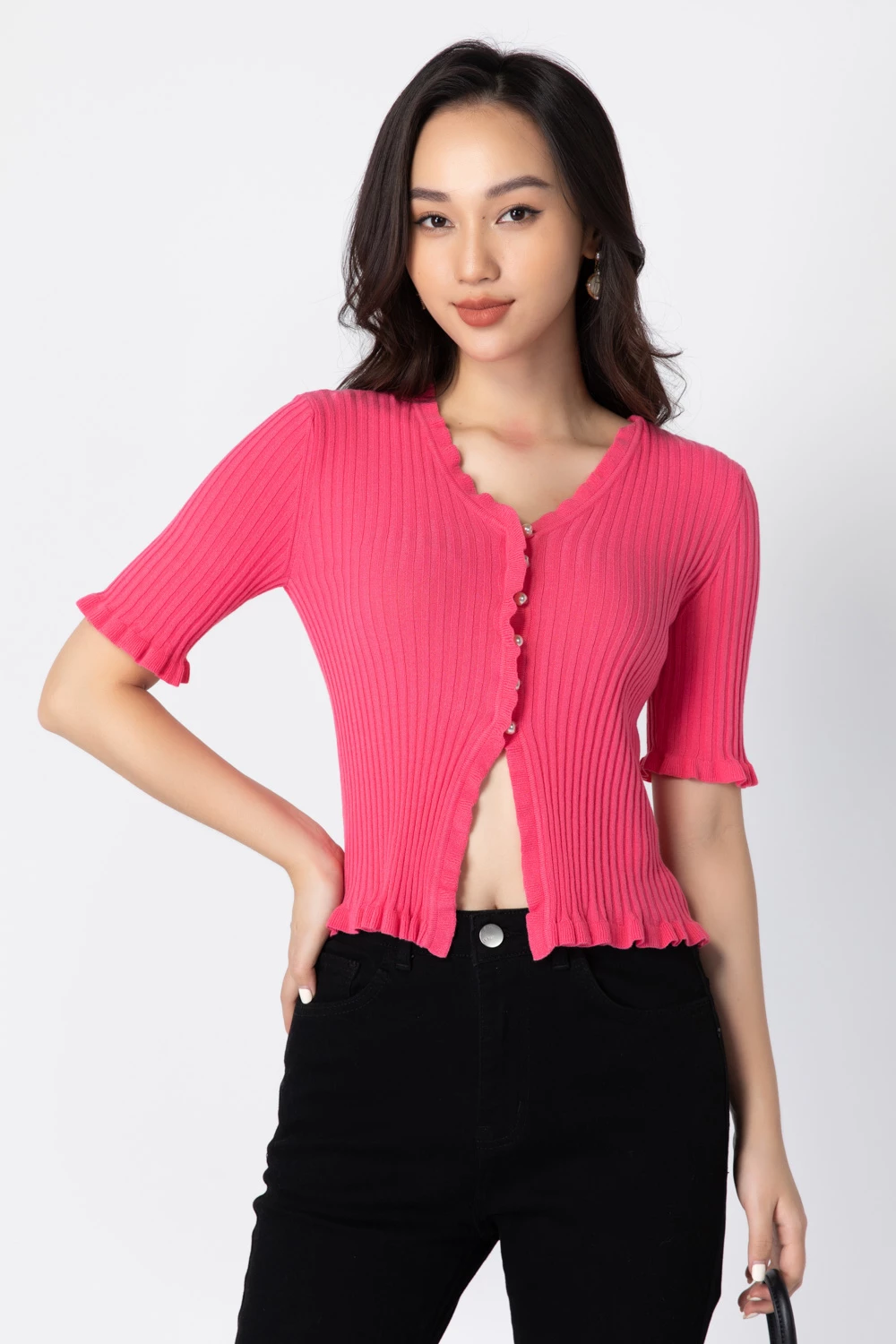 Áo len gân dáng croptop