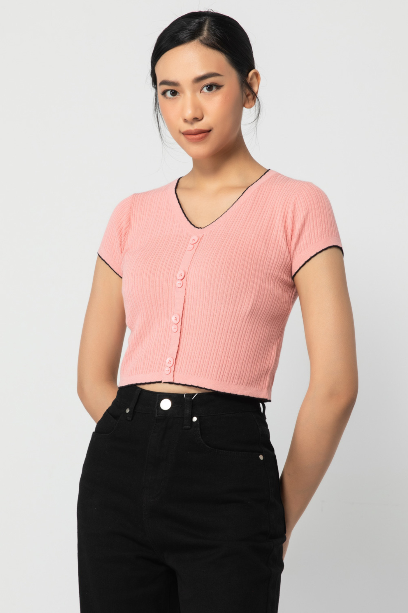 Áo len croptop viền màu 