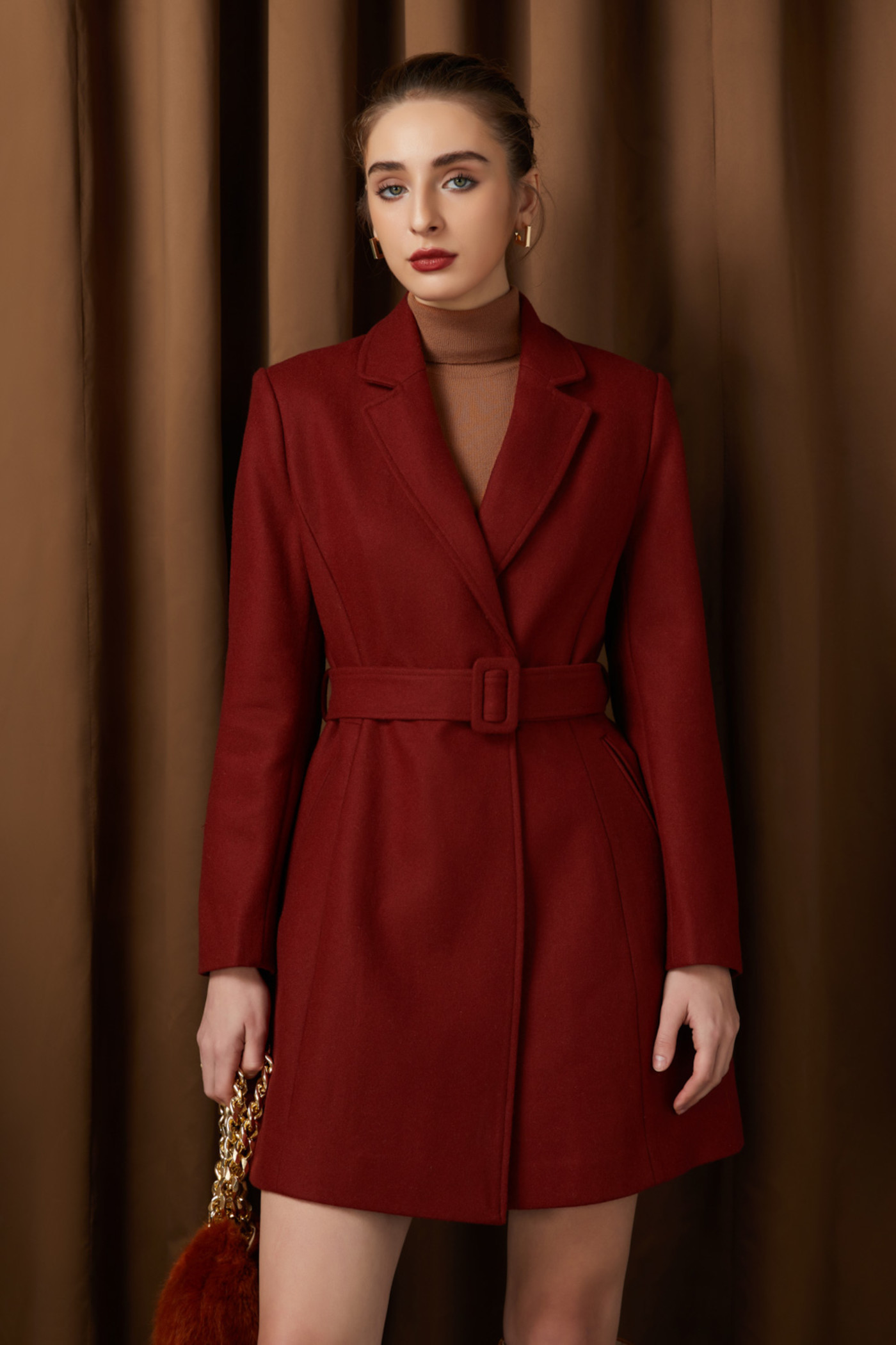 Women Red Coat With Belt 