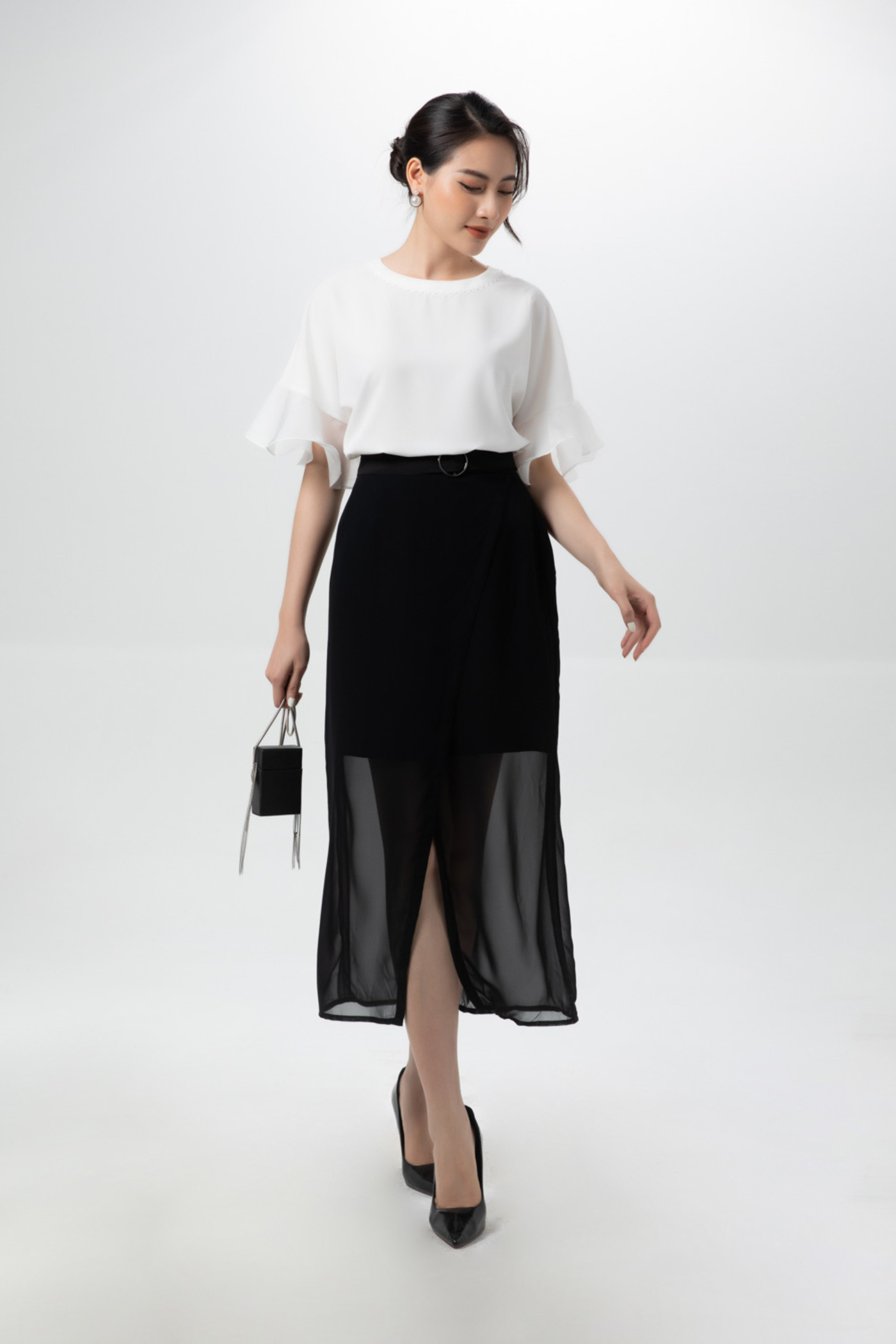 Chân váy midi chiffon đai liền 