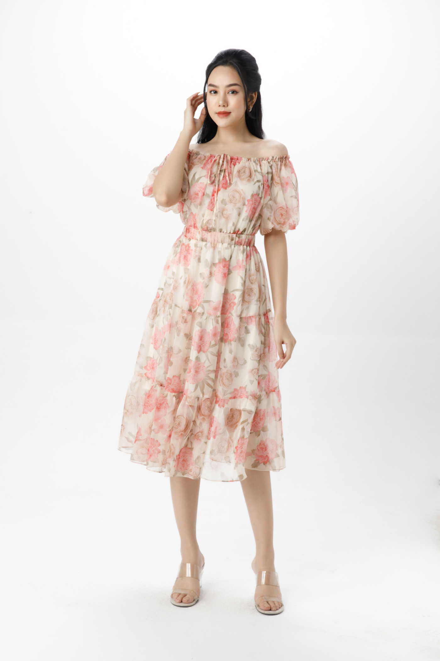 Đầm lụa trễ vai 