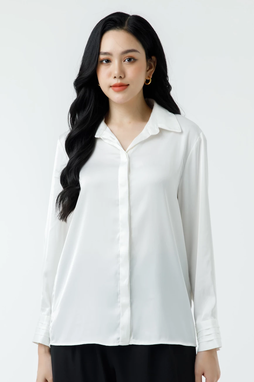 Áo sơ mi cổ đức tay dài xếp nếp