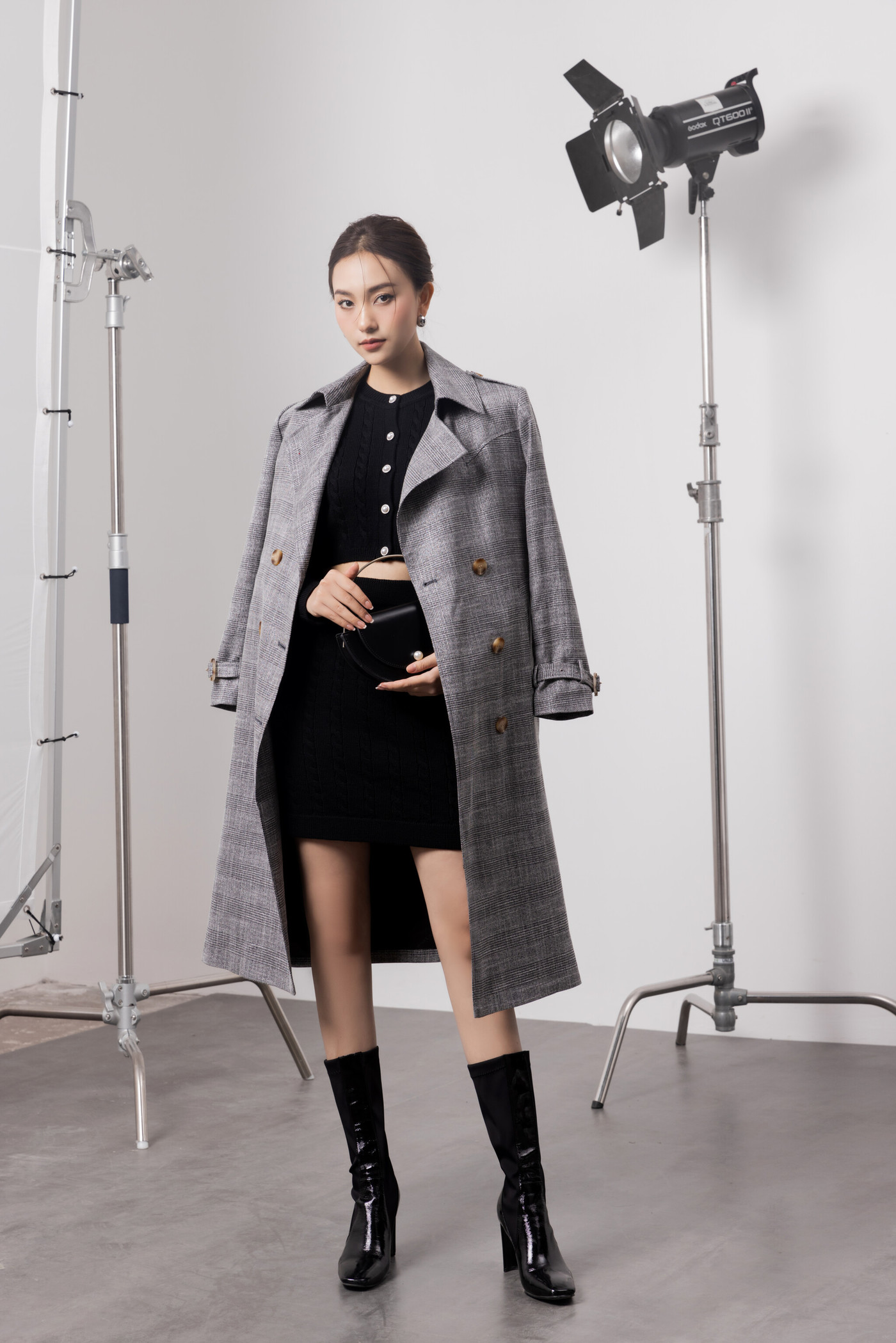 Long check trench coat 