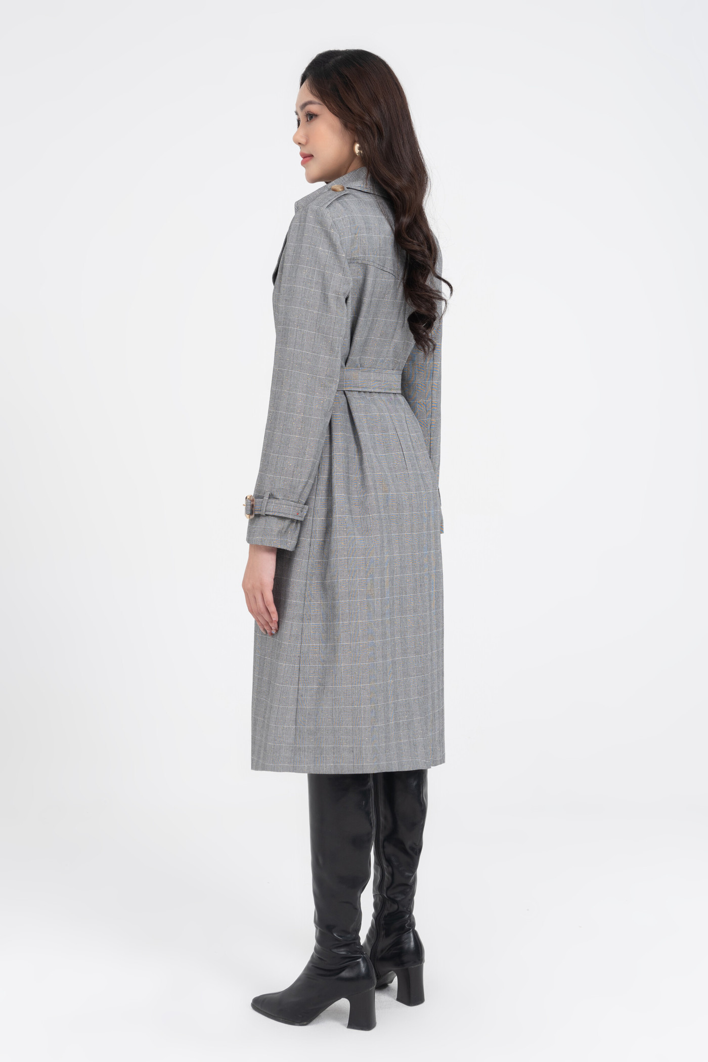 Long check trench coat