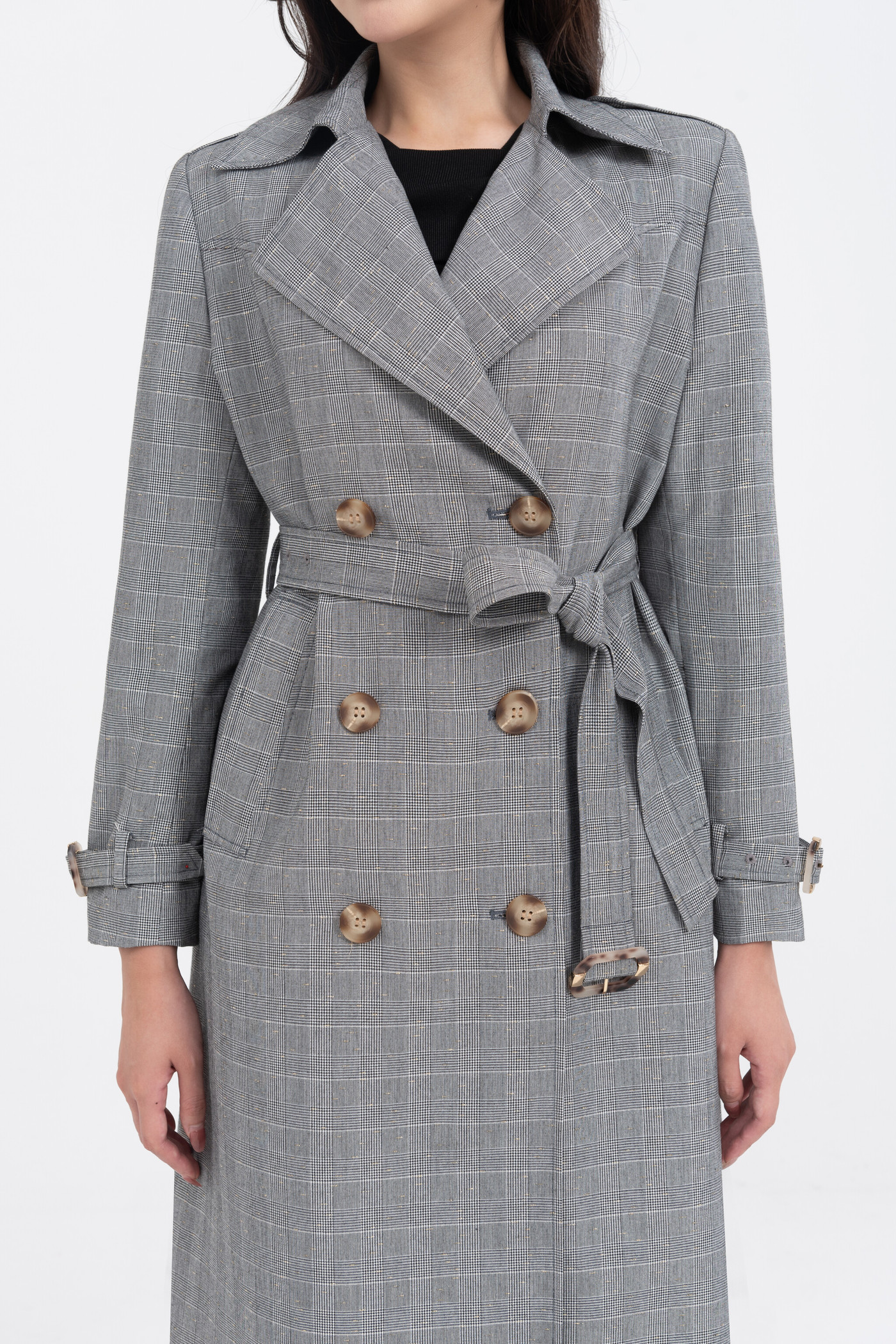 Long check trench coat
