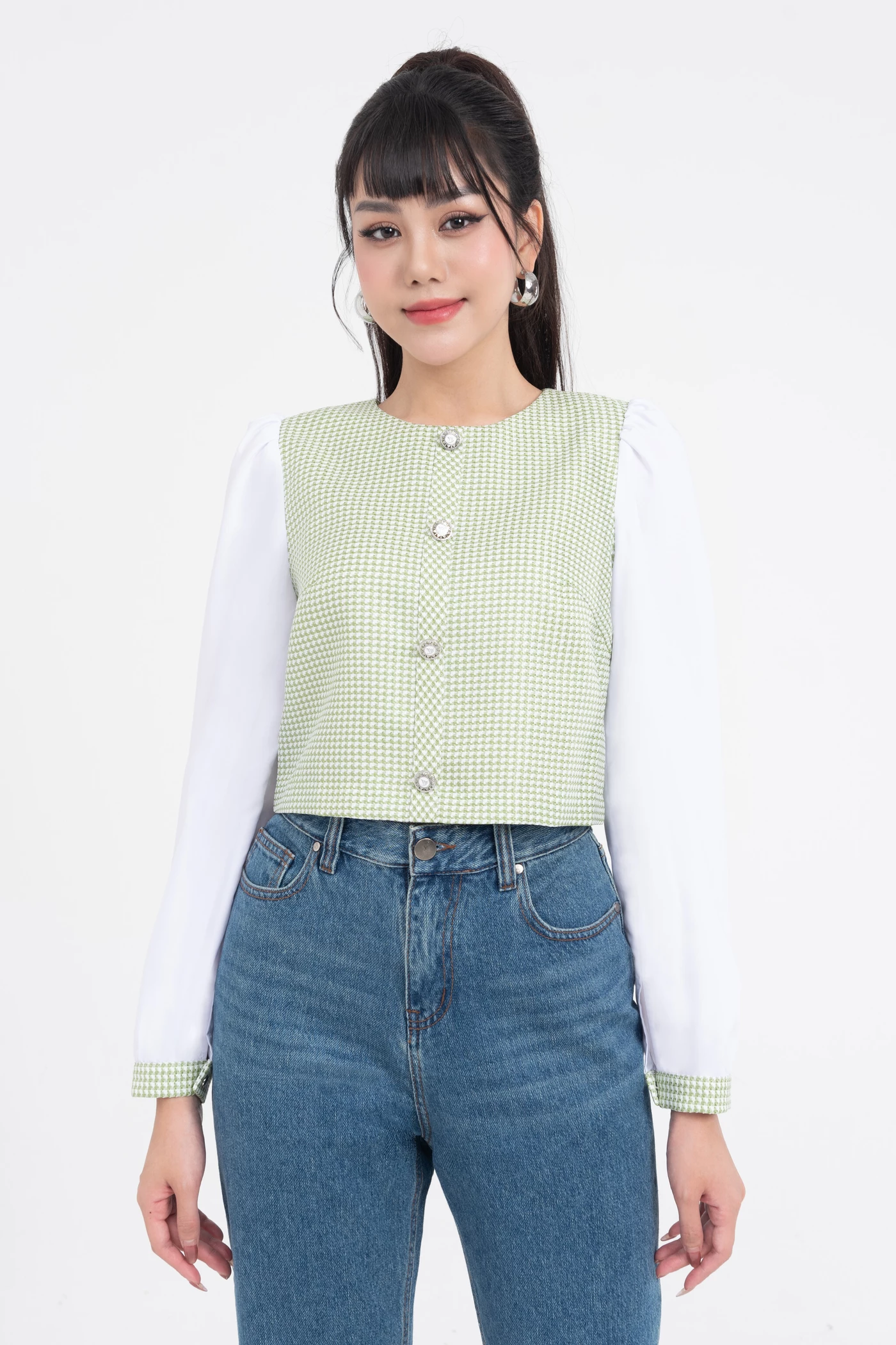 Áo croptop tay phồng phối tweed