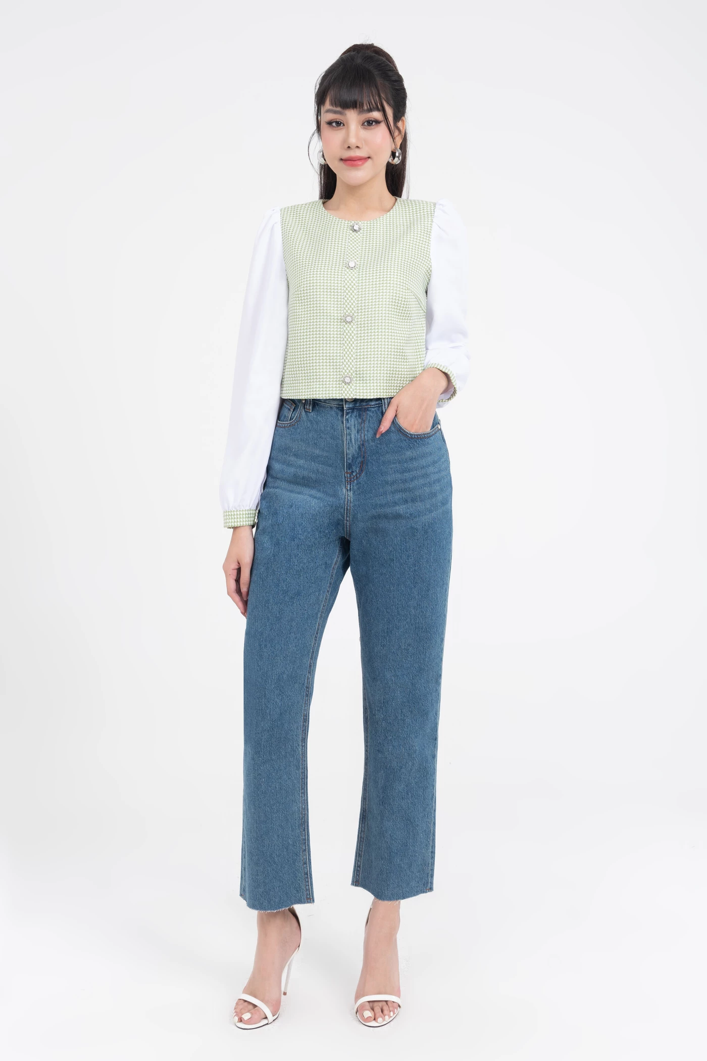 Áo croptop tay phồng phối tweed