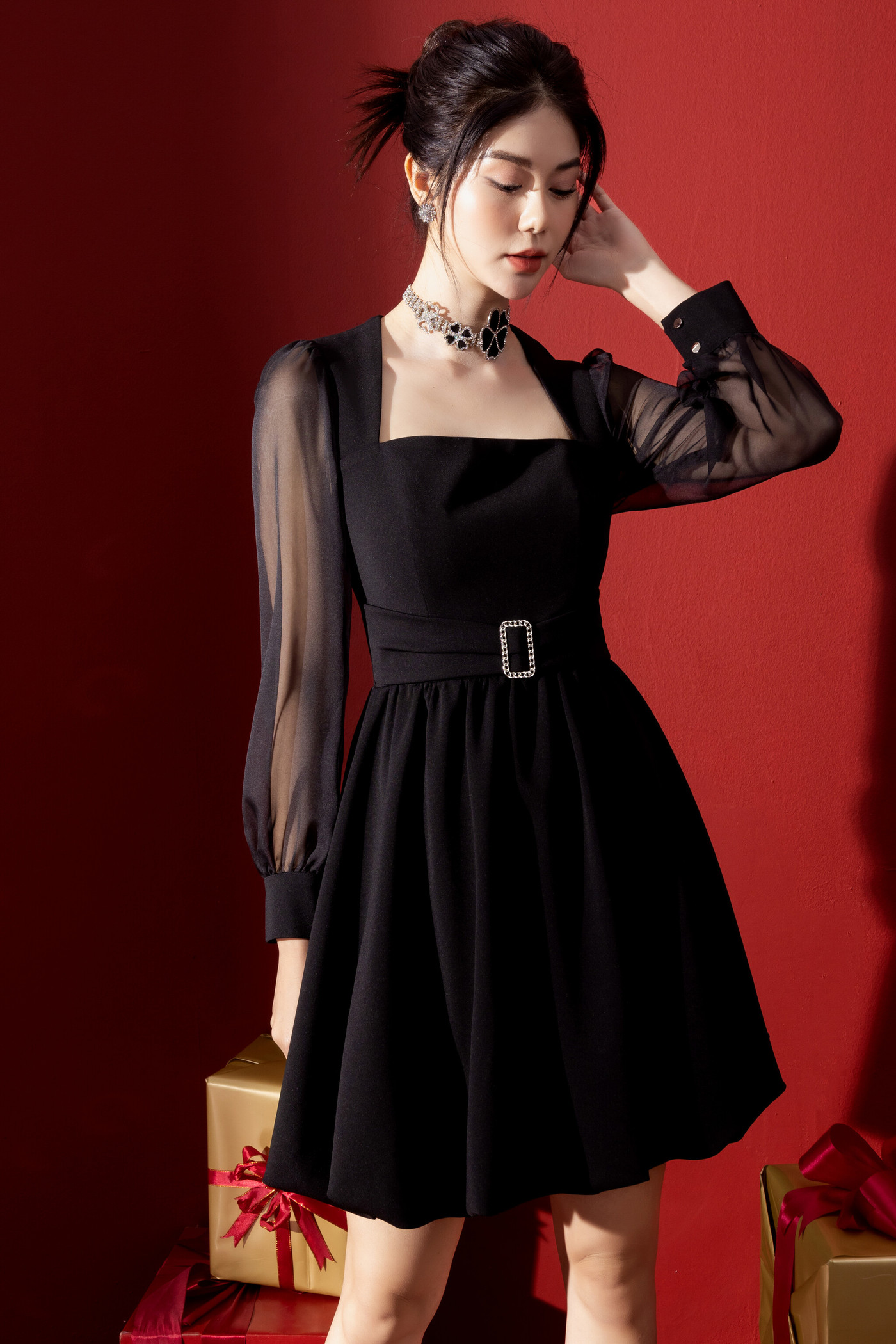 black secret dress - Đầm xòe tay phối voan lưới