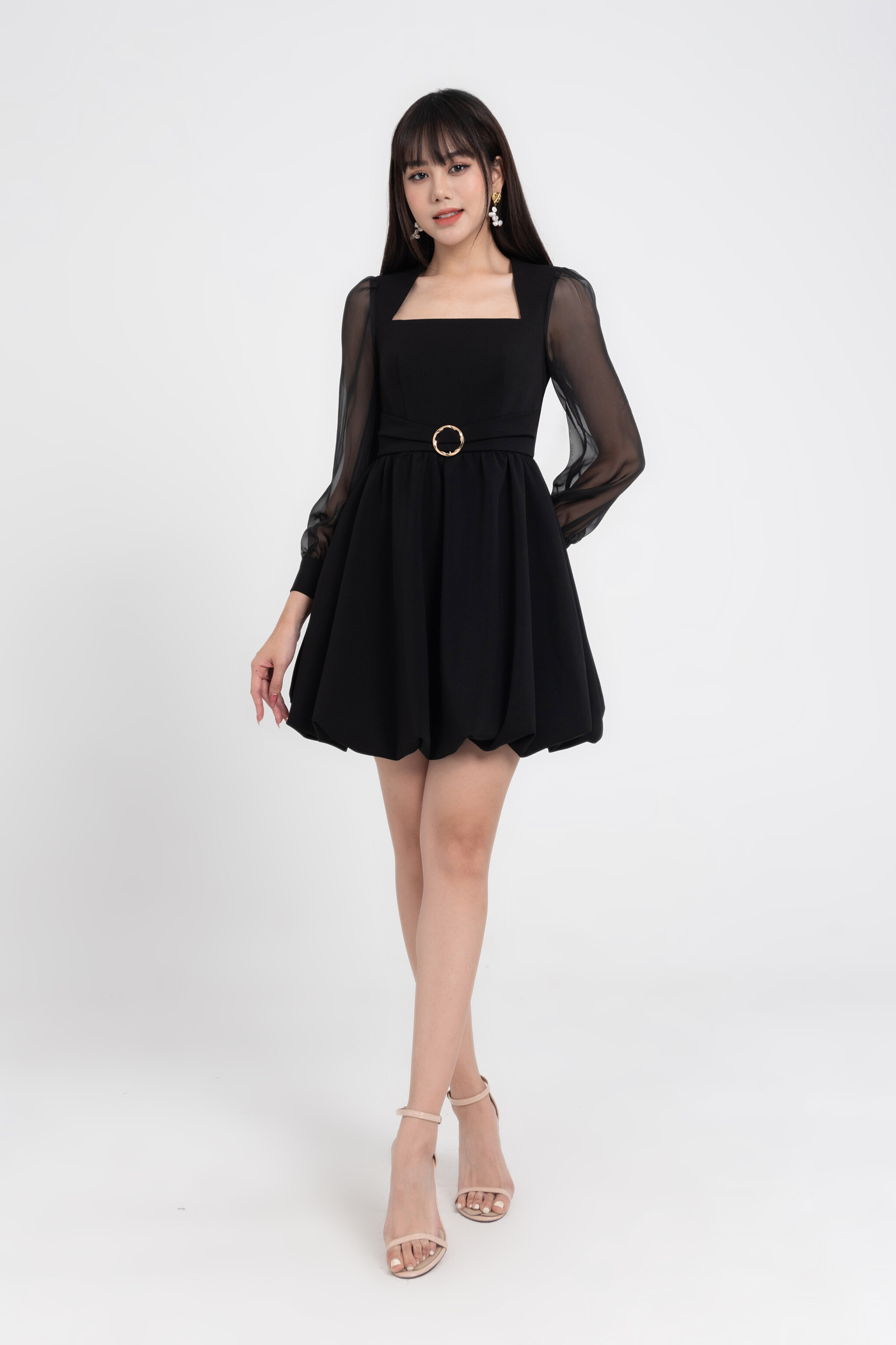 black secret dress - Đầm xòe tay phối voan lưới