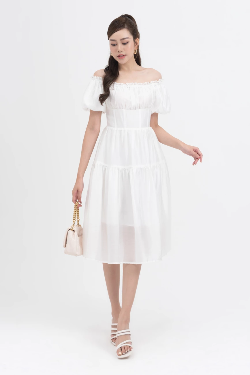 Đầm tencel trễ vai dáng xòe