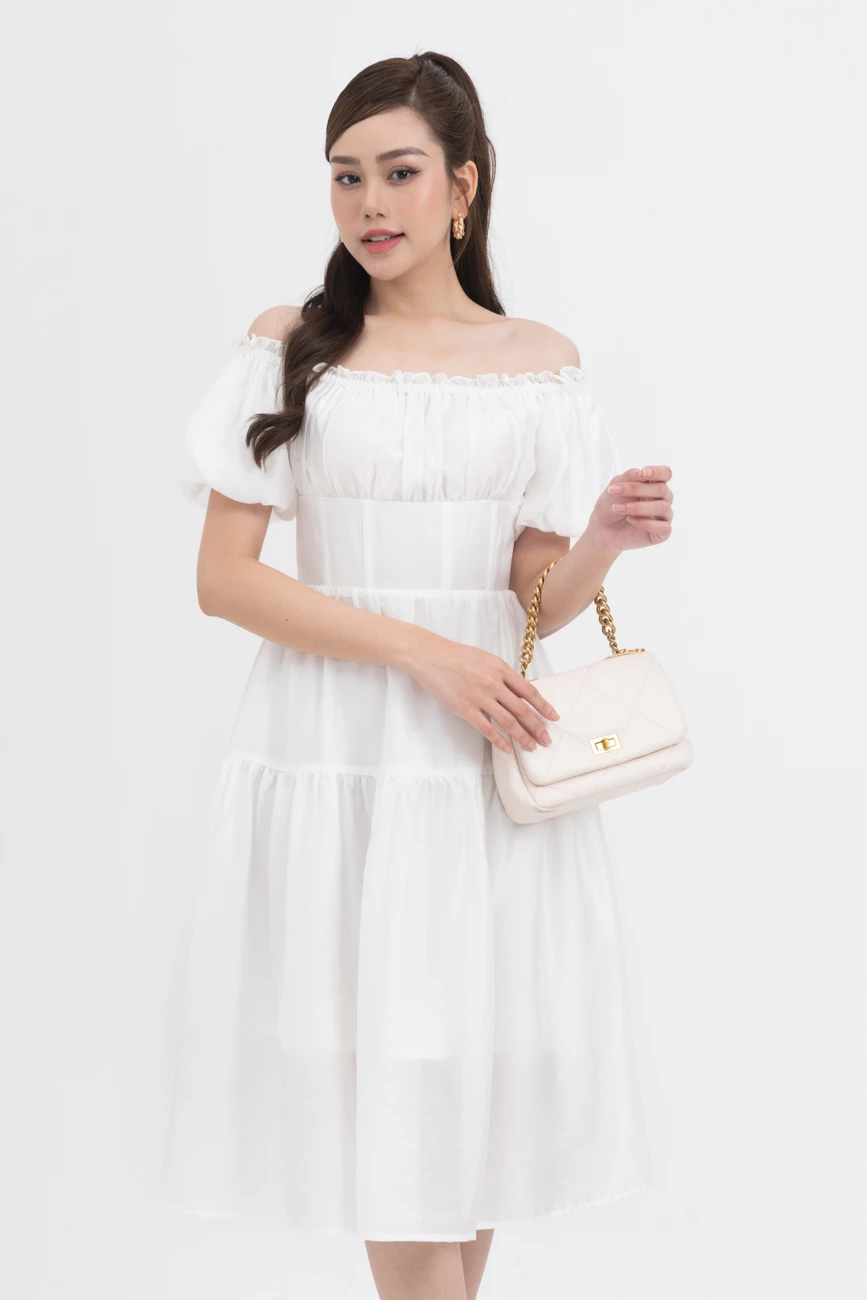 Đầm tencel trễ vai dáng xòe