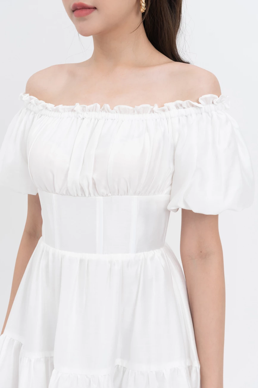 Đầm tencel trễ vai dáng xòe