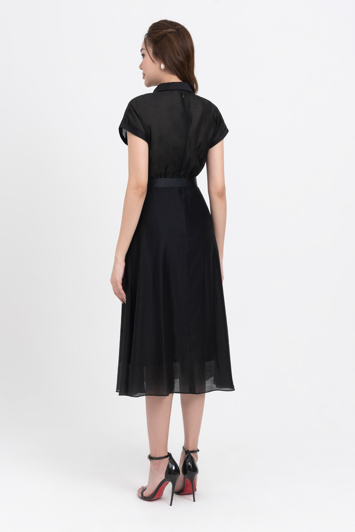 Đầm tencel dáng xòe phối đai 