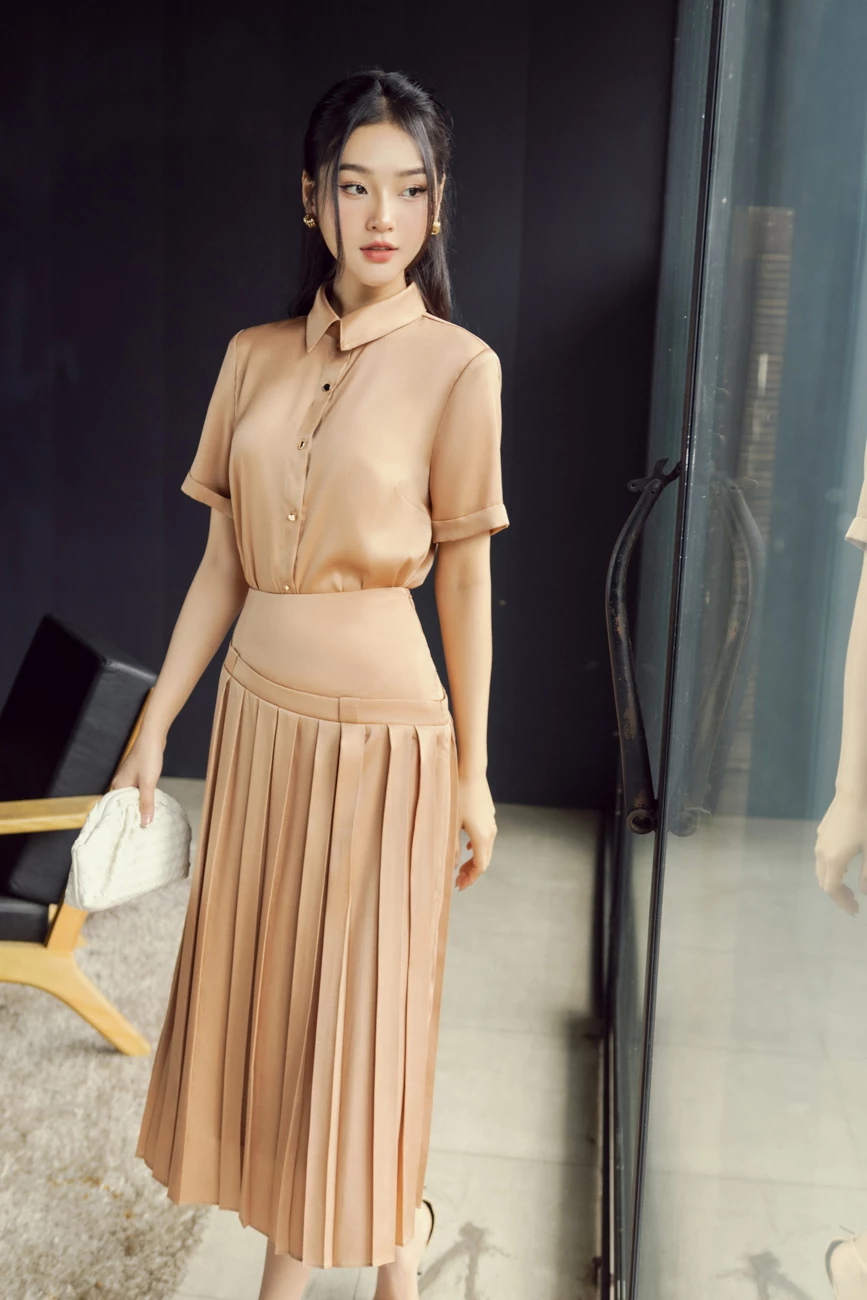 Chân váy lụa xếp ly Dark Beige