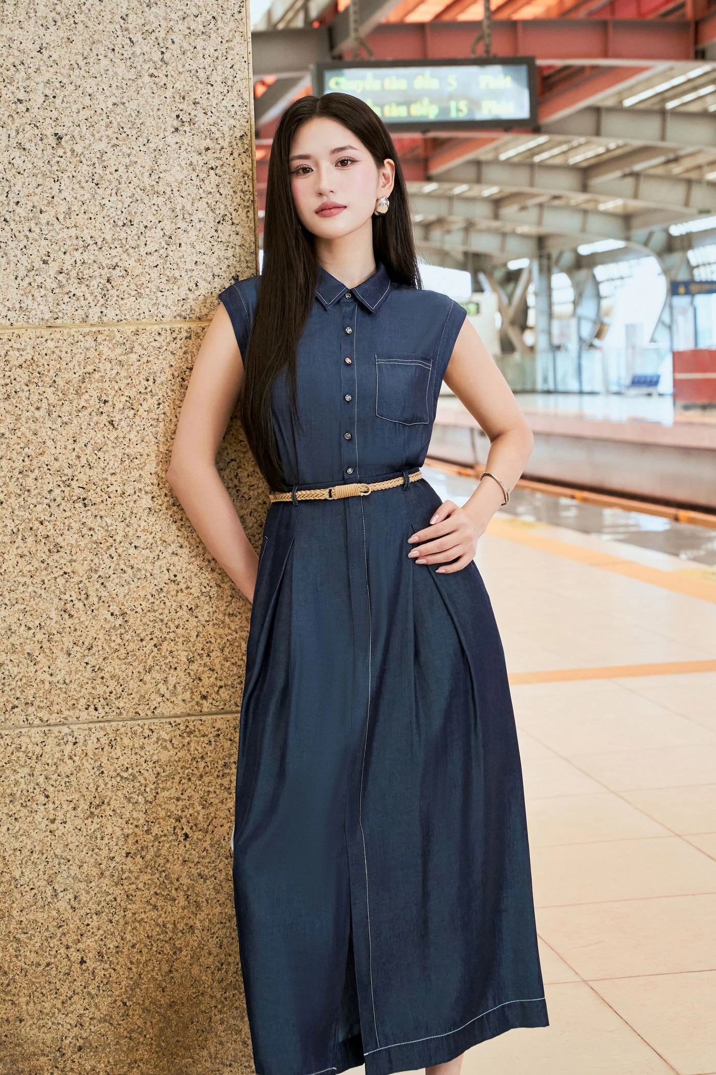 Pleated Denim Dress - Đầm cổ đức