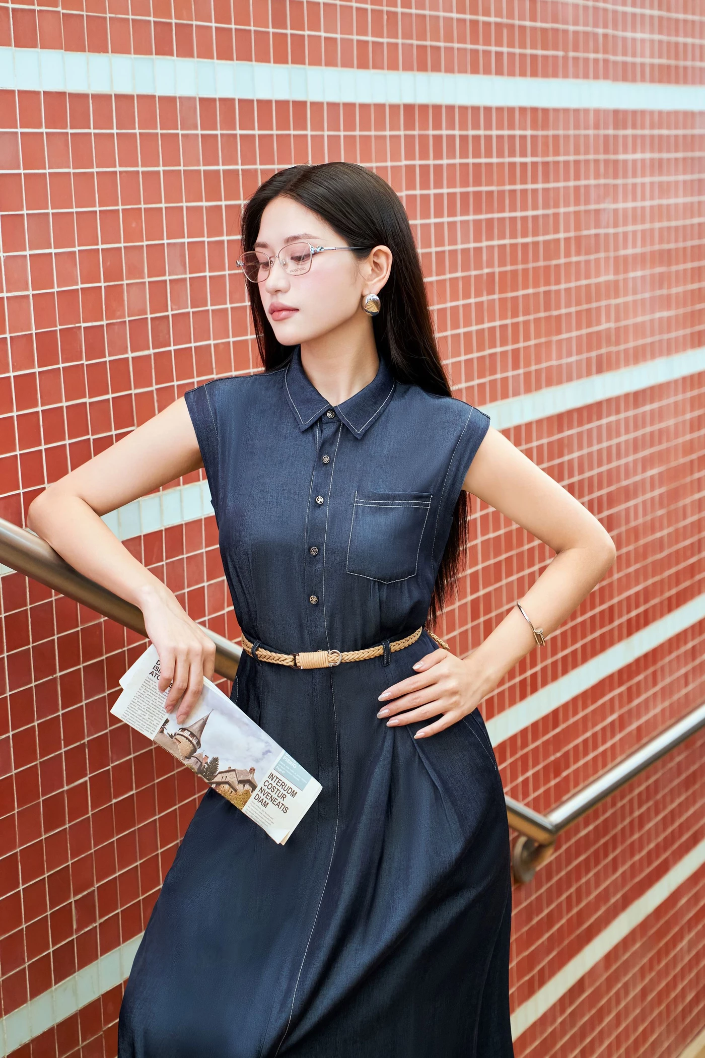 Pleated Denim Dress - Đầm cổ đức