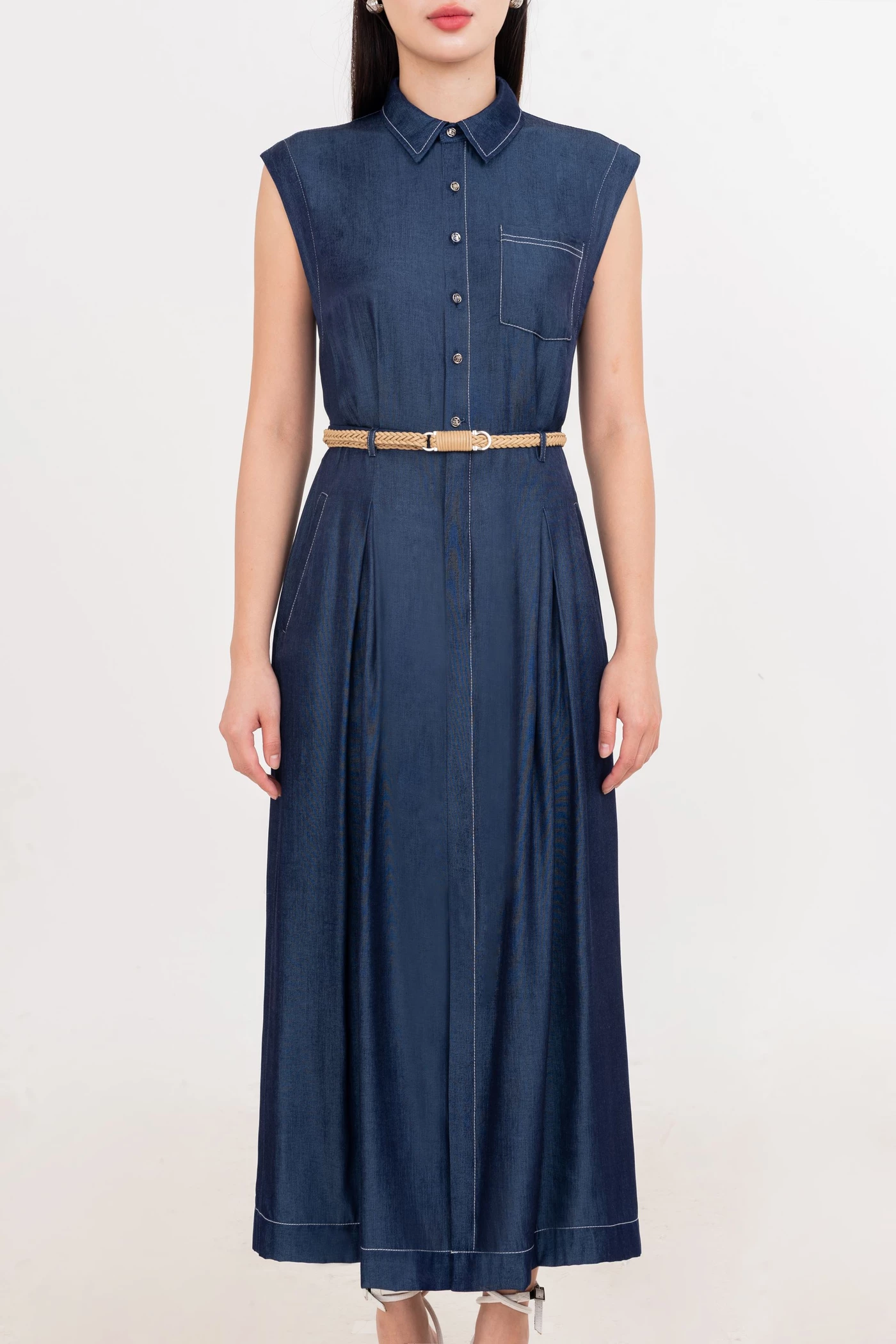 Pleated Denim Dress - Đầm cổ đức