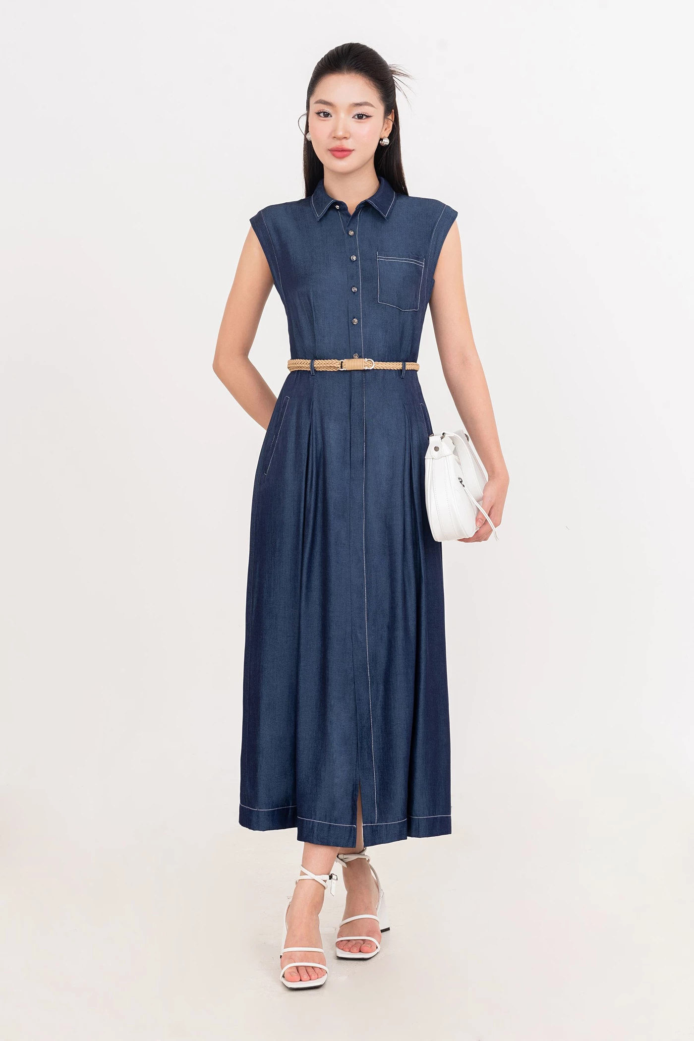 Pleated Denim Dress - Đầm cổ đức
