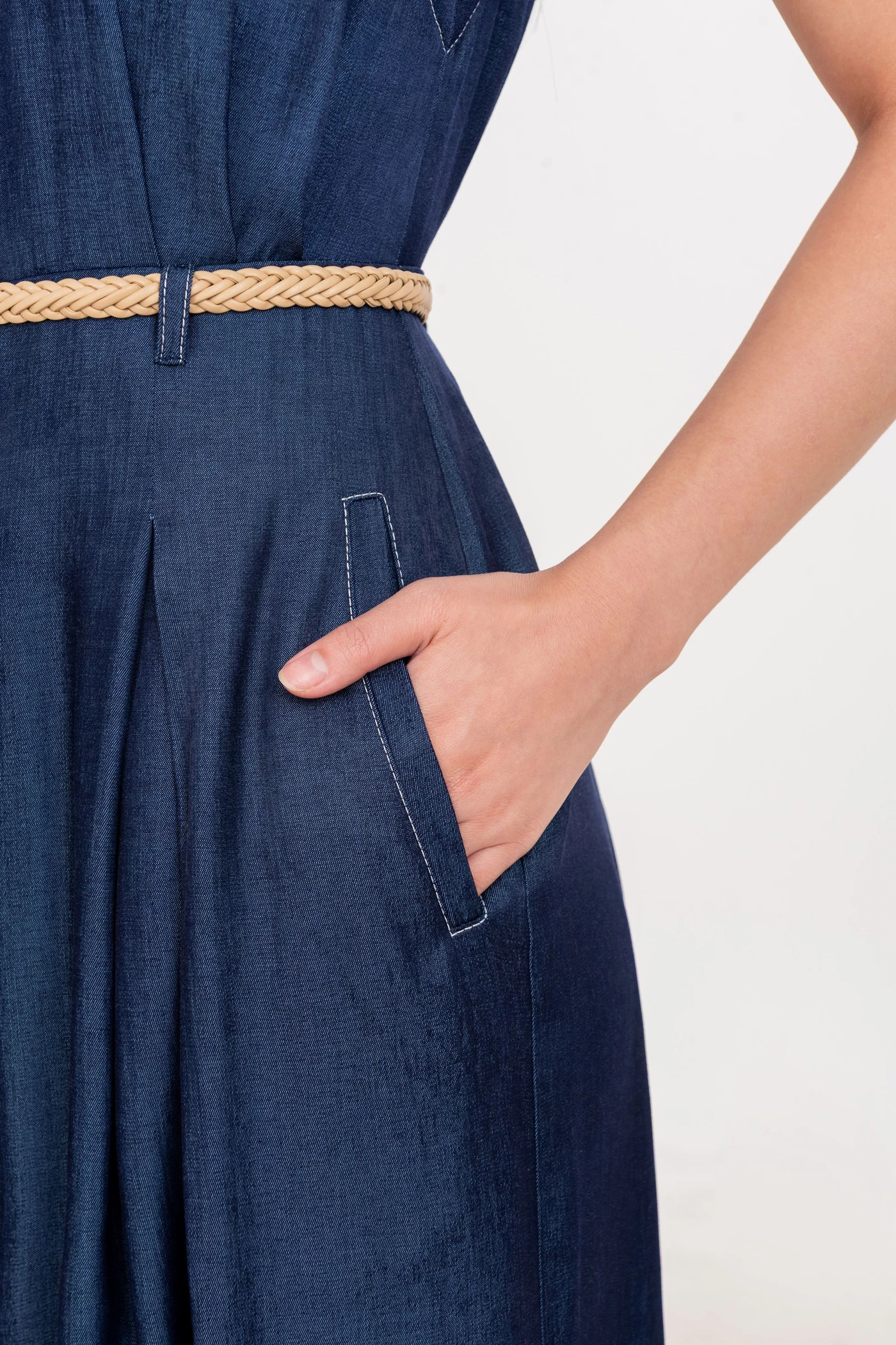 Pleated Denim Dress - Đầm cổ đức