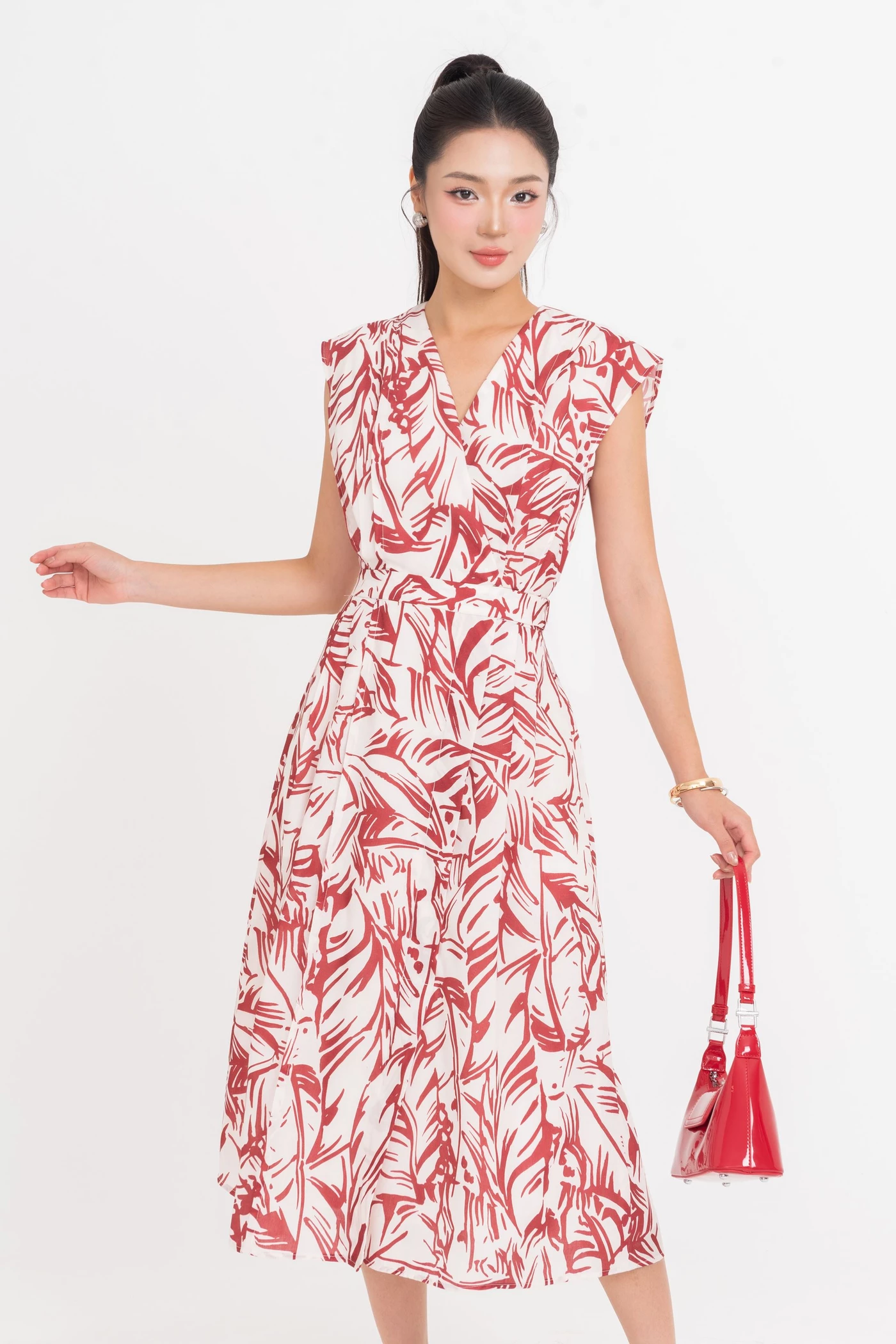 Leaf Print Dress - Đầm xòe tay hến