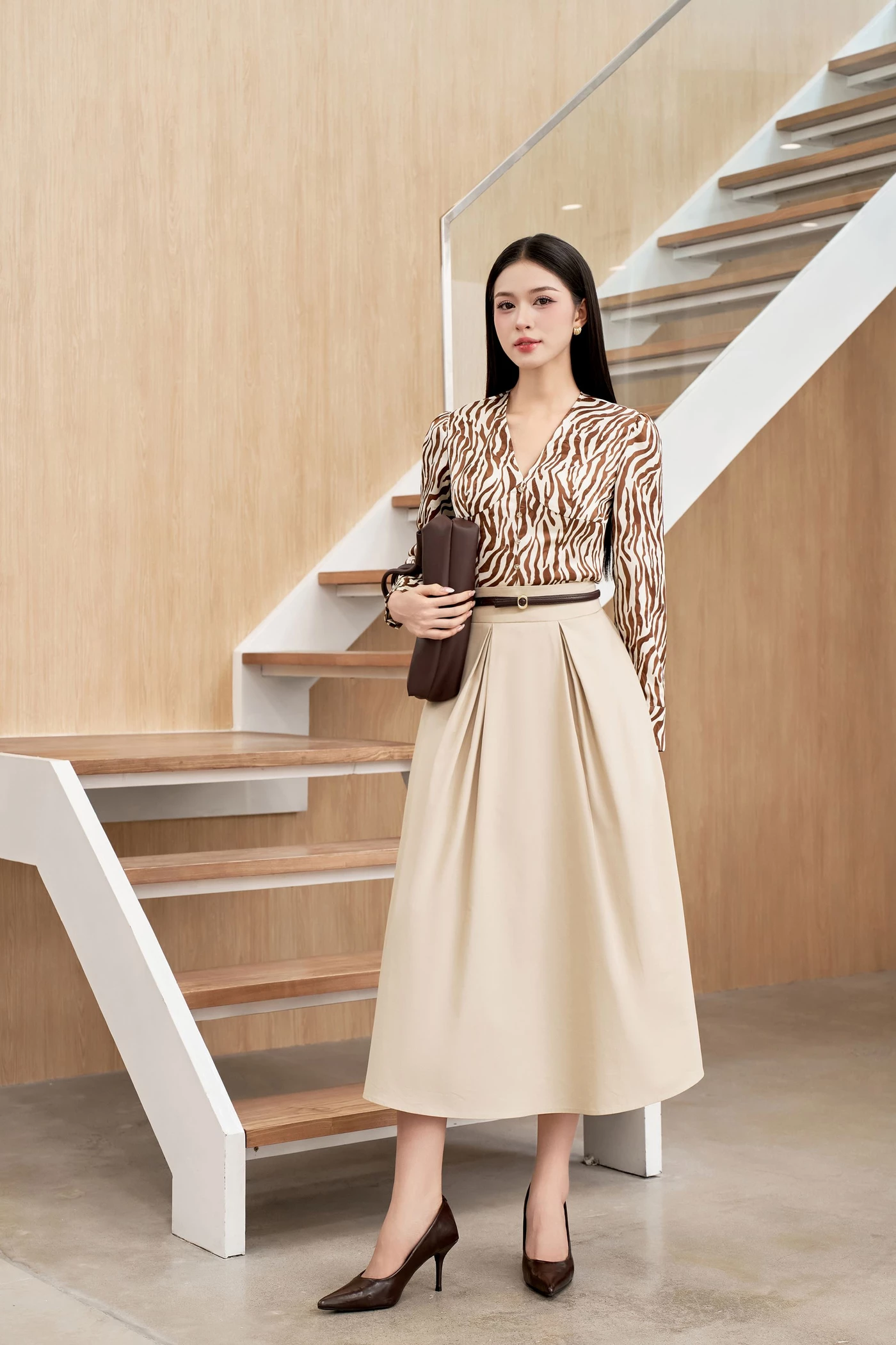 Chân váy xòe Khaki High-Waisted