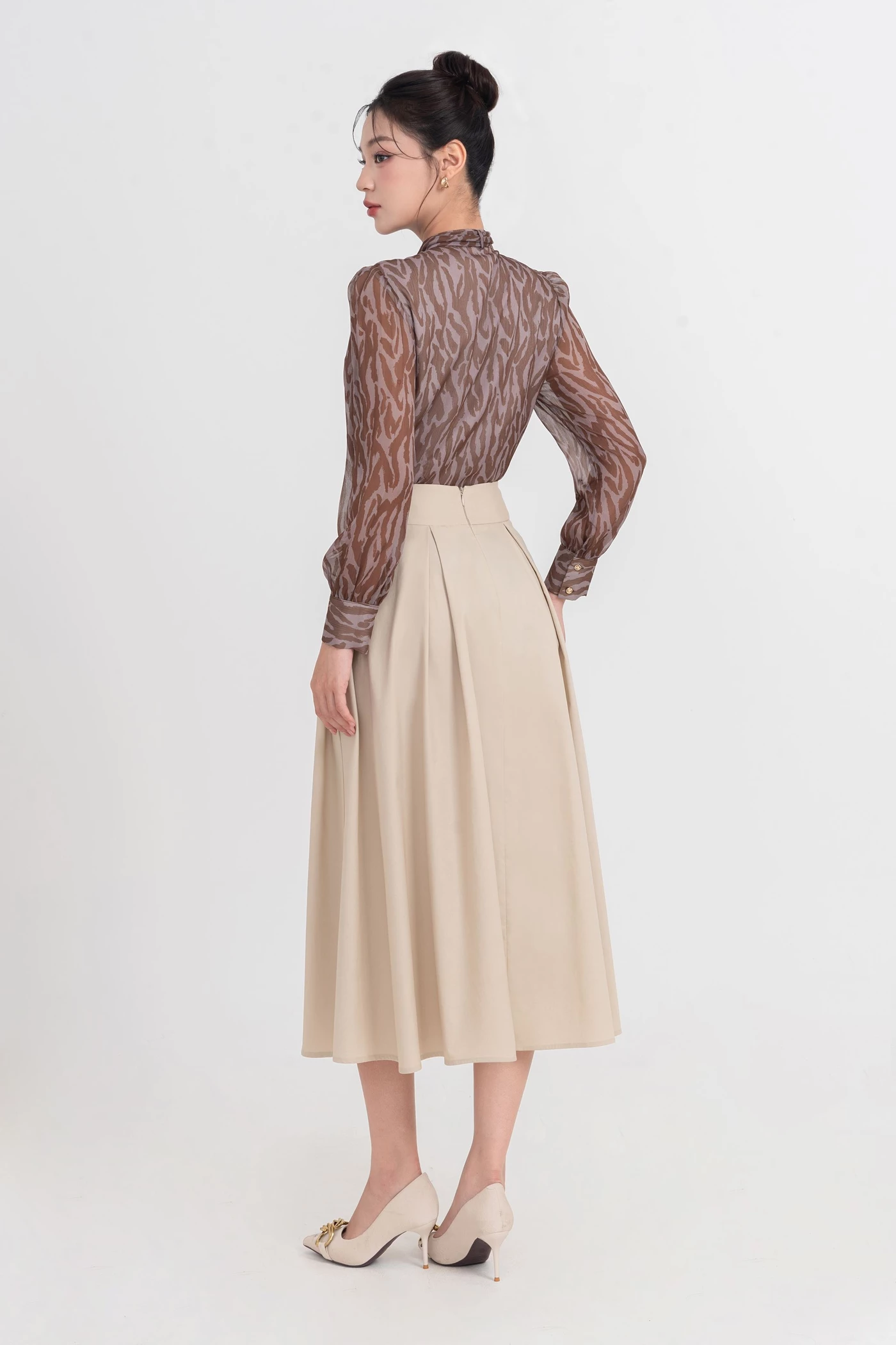 Chân váy xòe Khaki High-Waisted